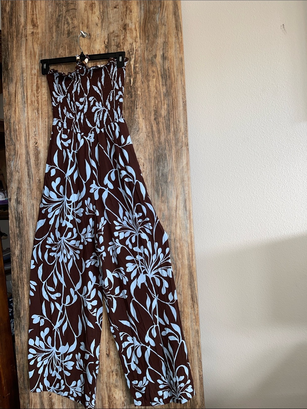 Strapless Wide-Leg Jumpsuit in Brown & Light Blue